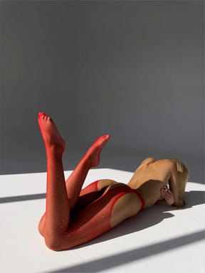 Jewel Crotchless Stockings - Red