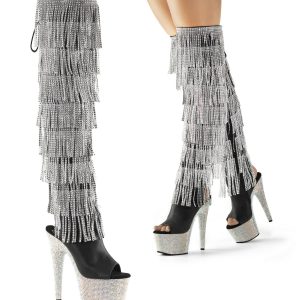 BEJEWELED-3019RSF-7 Silver & Black Knee High Peep Toe Boots